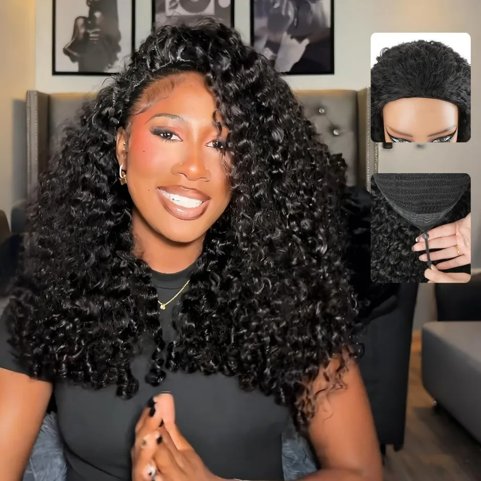 30 40 Inch Burmese Curly Hair Half Wigs Wear and Go With Drawstring Flip Over Glueless Deep Wave Human Hair Wigs Curly Half Wig