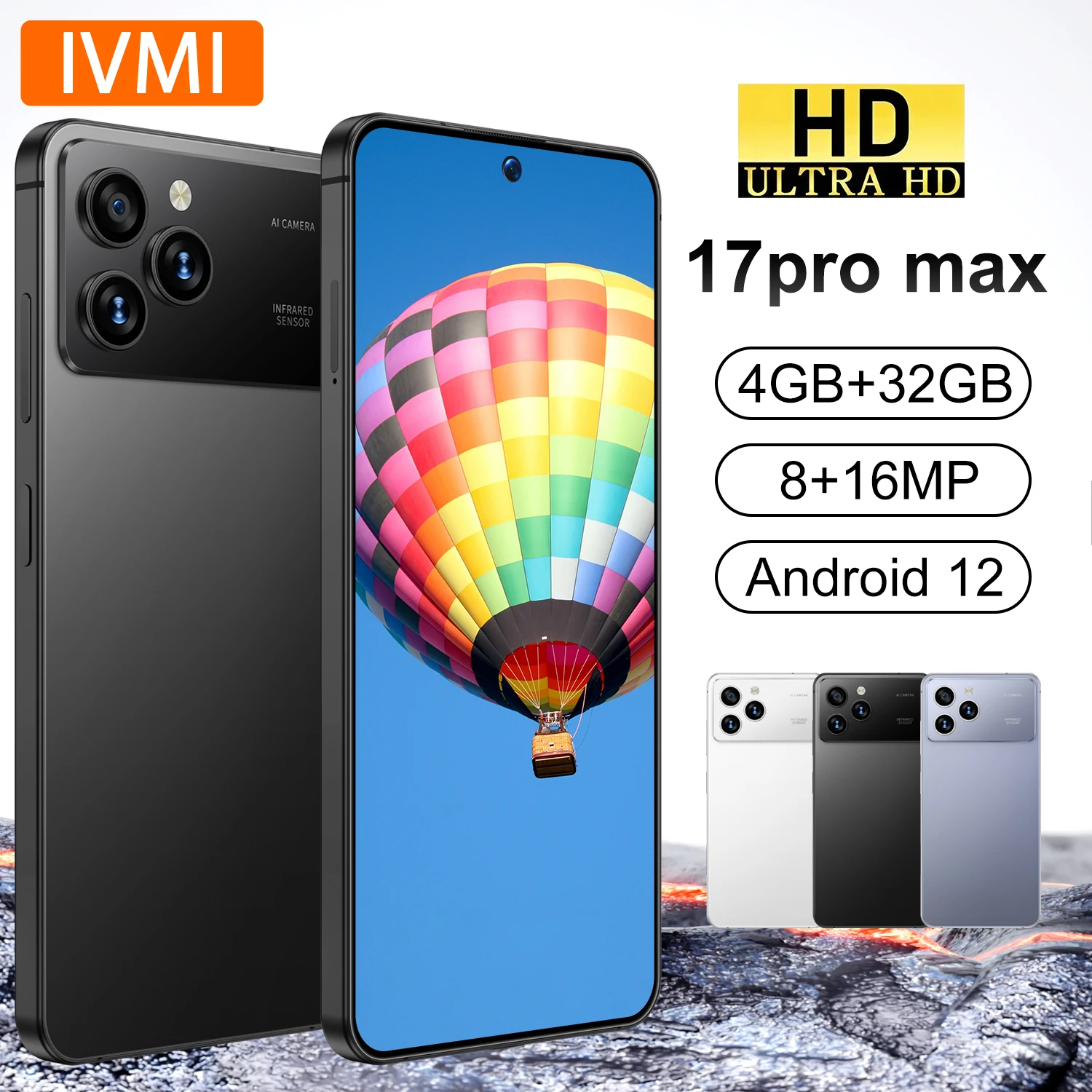 IVMI 17Pro Max Smartphone Android 12 4GB RAM 32G ROM 7.2Inch Face ID 5500mAH Battery Google Play Store Mobile Phones