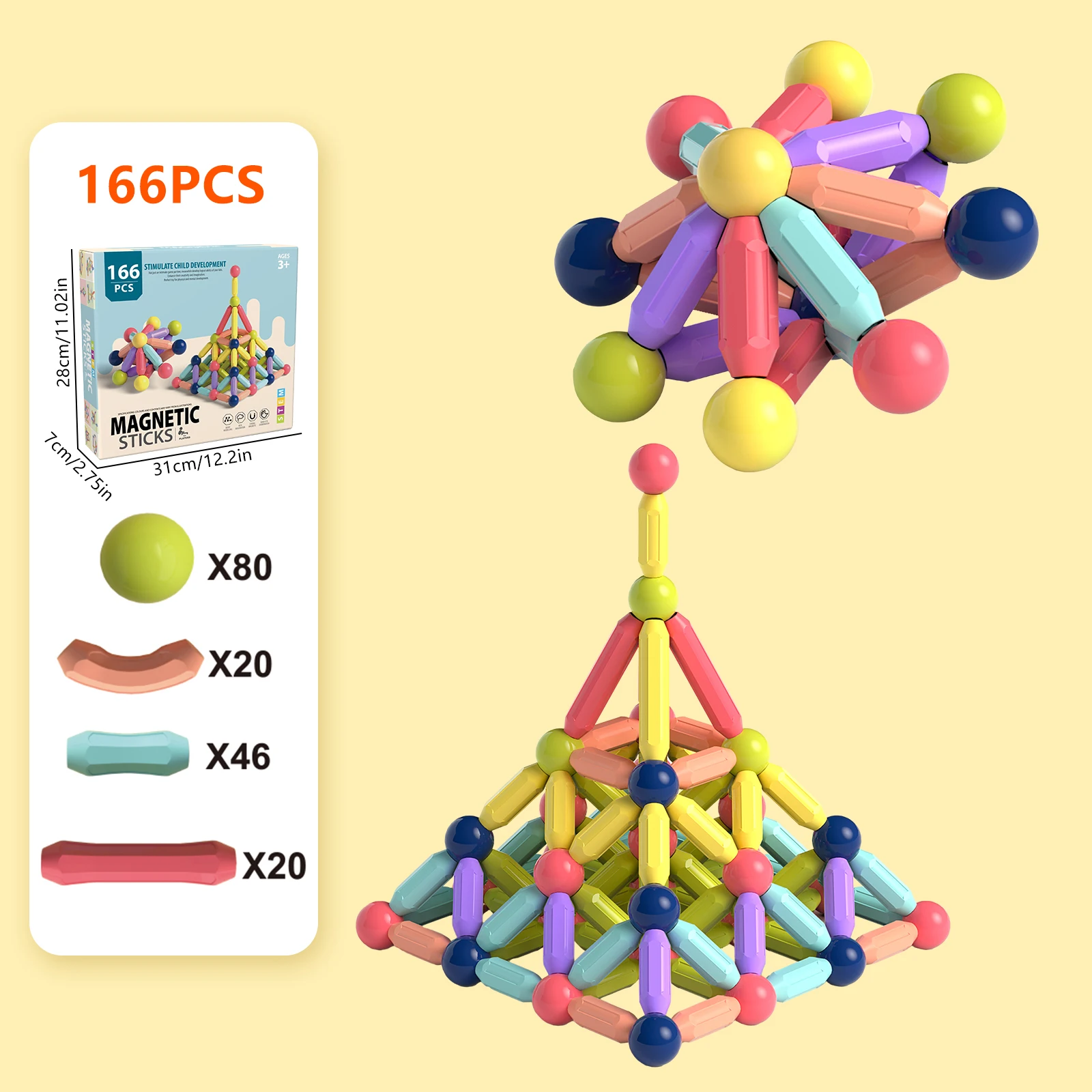 166pcs colorful 3D learning construction magnetic balls and magnetic sticks, children's DIY structural cognitive magnetic toys,