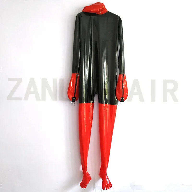 Hot Cool Men Sexy Lingerie Handmade Latex Black and Red Spliced Customize Size Full Body Catsuits with Hoods Gloves Socks Fetish