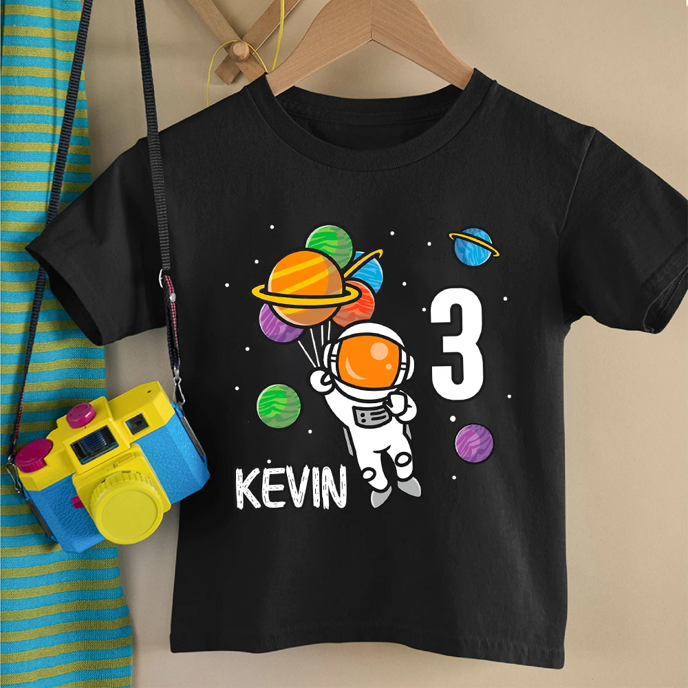 Camiseta personalizada de cumpleaños de astronauta para niño de 1 a 9 años, camiseta de cumpleaños con nombre deuston, camisas de cohete, Tops, ropa temática espacial para niños