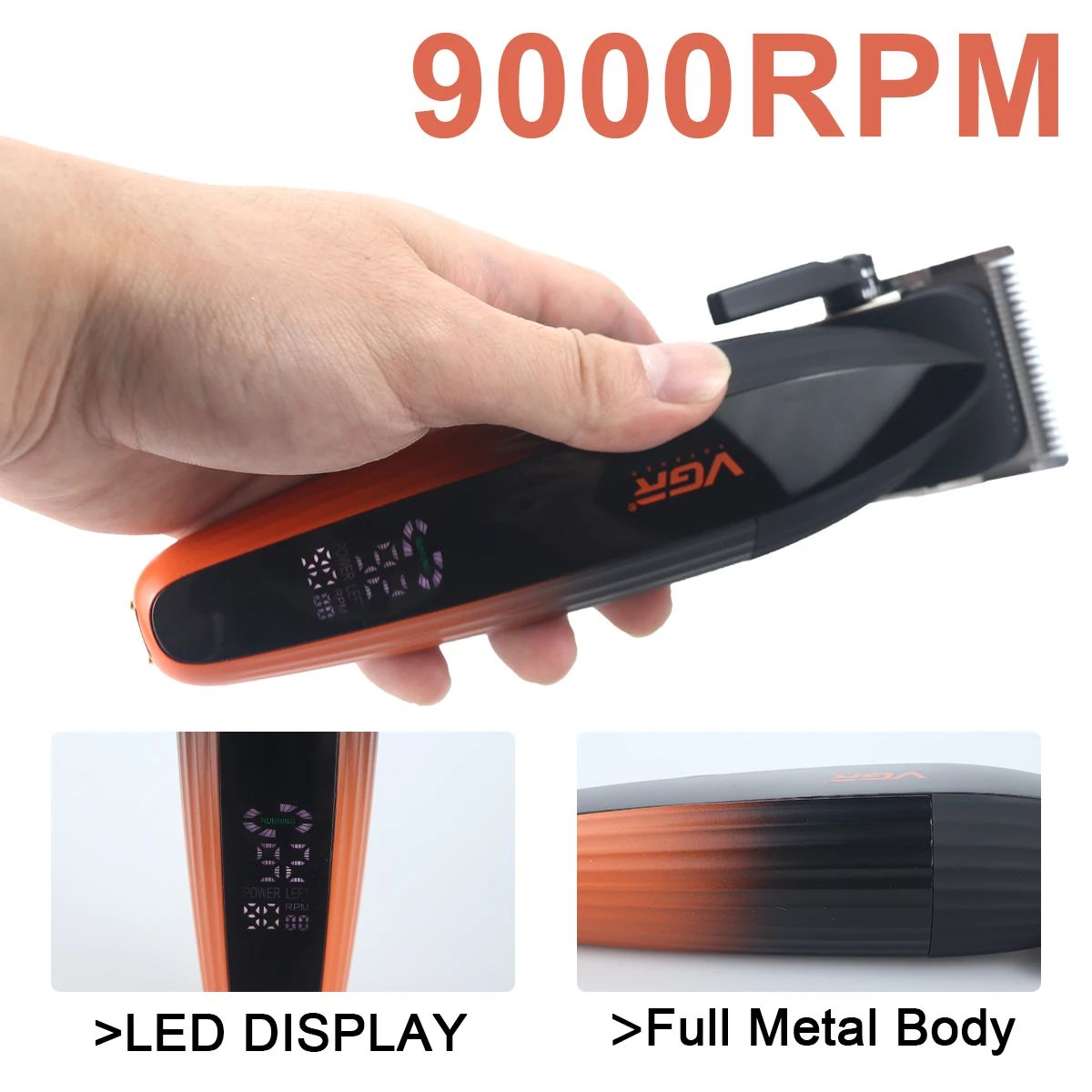 Cortapelos VGR V889C para hombre, hoja DLC profesional, 9000RPM, 2 velocidades con cargador Base, pantalla LCD totalmente de Metal, 2500mhA, barbería