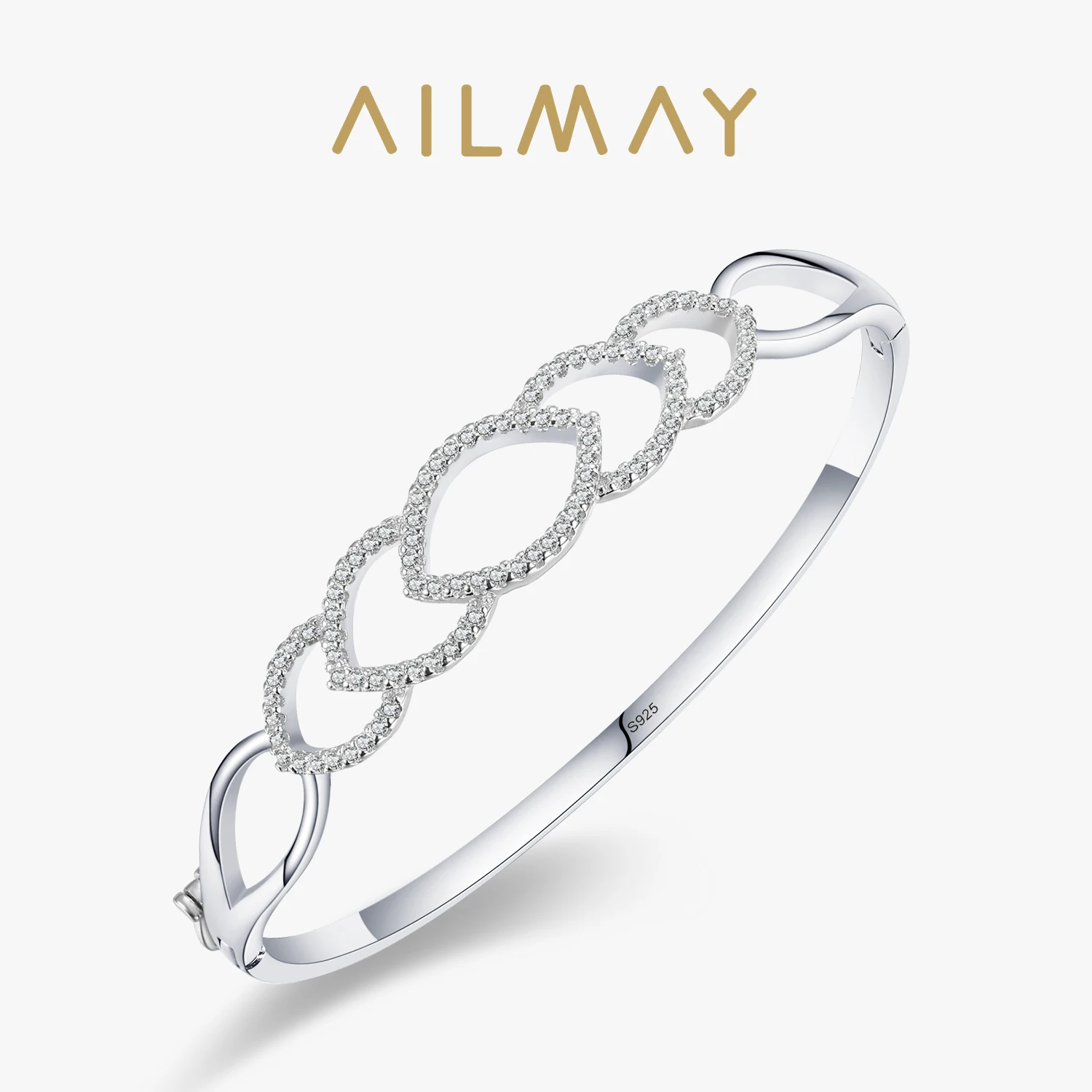 Ailmay Fashion 925 Sterling Silver Geometric Design Bracelets Sparkling Clear Zircon Bracelets For Women Statement Jewelry Gift