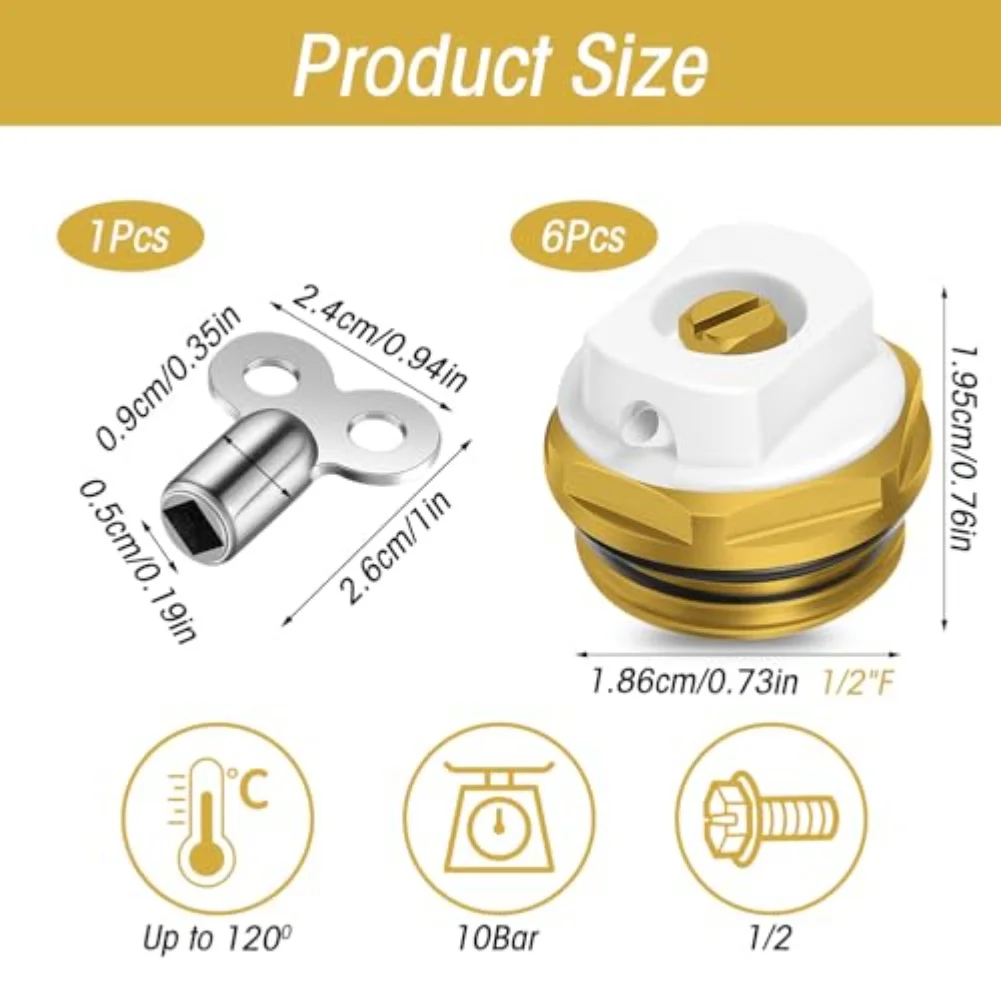 

Radiator Air Vent Valve Set 6 Pieces with 12 Inch Brass Heated Drain Valve and Vent Key for Efficient Heating System Maintenance