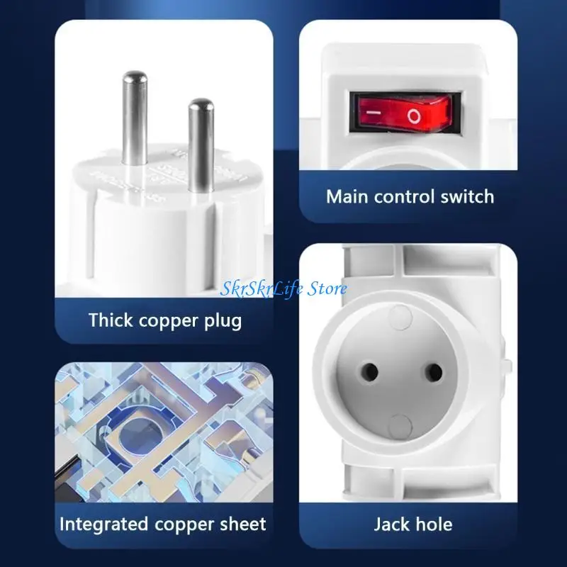 E65E Multiple Outlet EU Plugs Adapter 3 Way Designs Power Adapter for Safe and Convenient Power