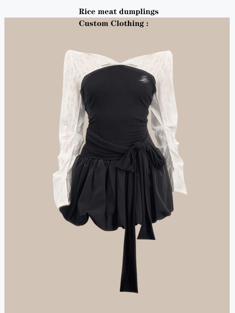 

Black Puffy Flower Bud Skirt Set Unique Korean One Shoulder Academy Style Top And High Waist Skirt Two Piece Women's Outfit