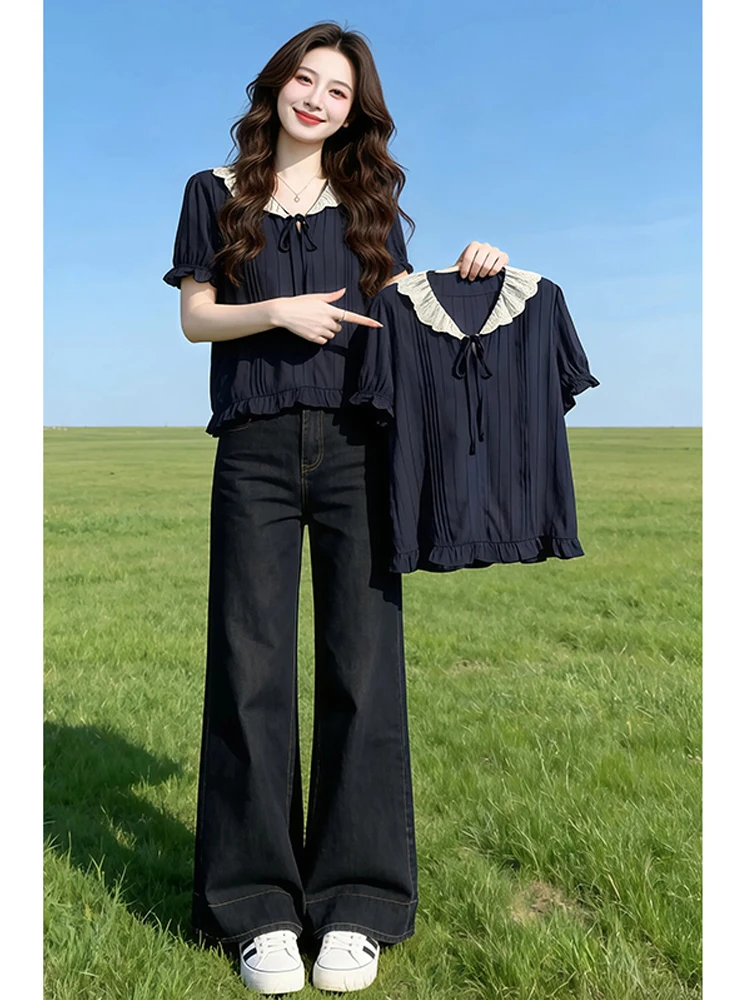 

Summer 2026 Fashion Color Block Doll Collar Short Sleeve Loose Slimming Design Women's Shirt Casual Style round Neck Top