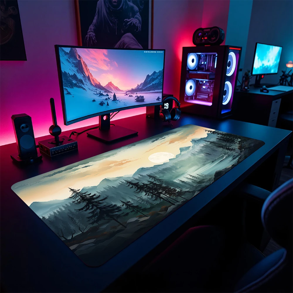 

Фэнтезийный лес и закат, пейзаж, большой коврик для мыши, настольный коврик с прошитыми краями, нескользящий прочный игровой коврик, ковер для мыши, настольный коврик