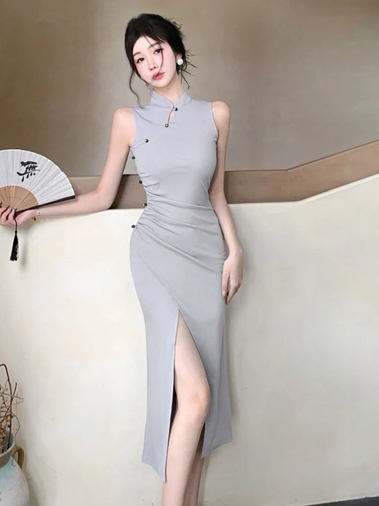 

Новое женское платье в китайском стиле с высокой талией, без рукавов, с воротником-стойкой, винтажное, сексуальное, плиссированное, облегающее, летнее, модное
