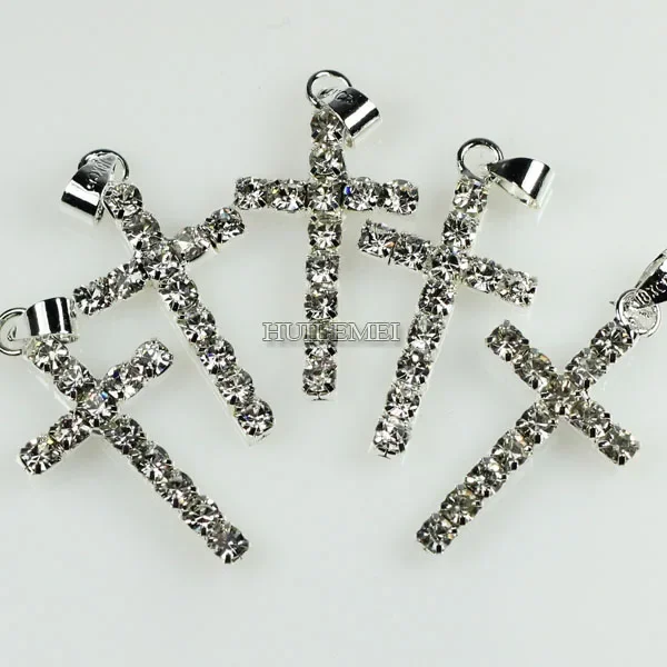 Wholesale 10pcs/lot 29x15mm Silver Plated Czech Crystal Rhinestone Cross Pendant Beads Fashion Necklace Pendants for Women