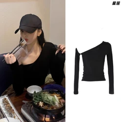 Kpop Korean Clothing Sexy Black Off-Shoulder Long-Sleeve T-shirt Slim Crop Tops Concertz Jazz Dance Clothes Singer Stage Costume
