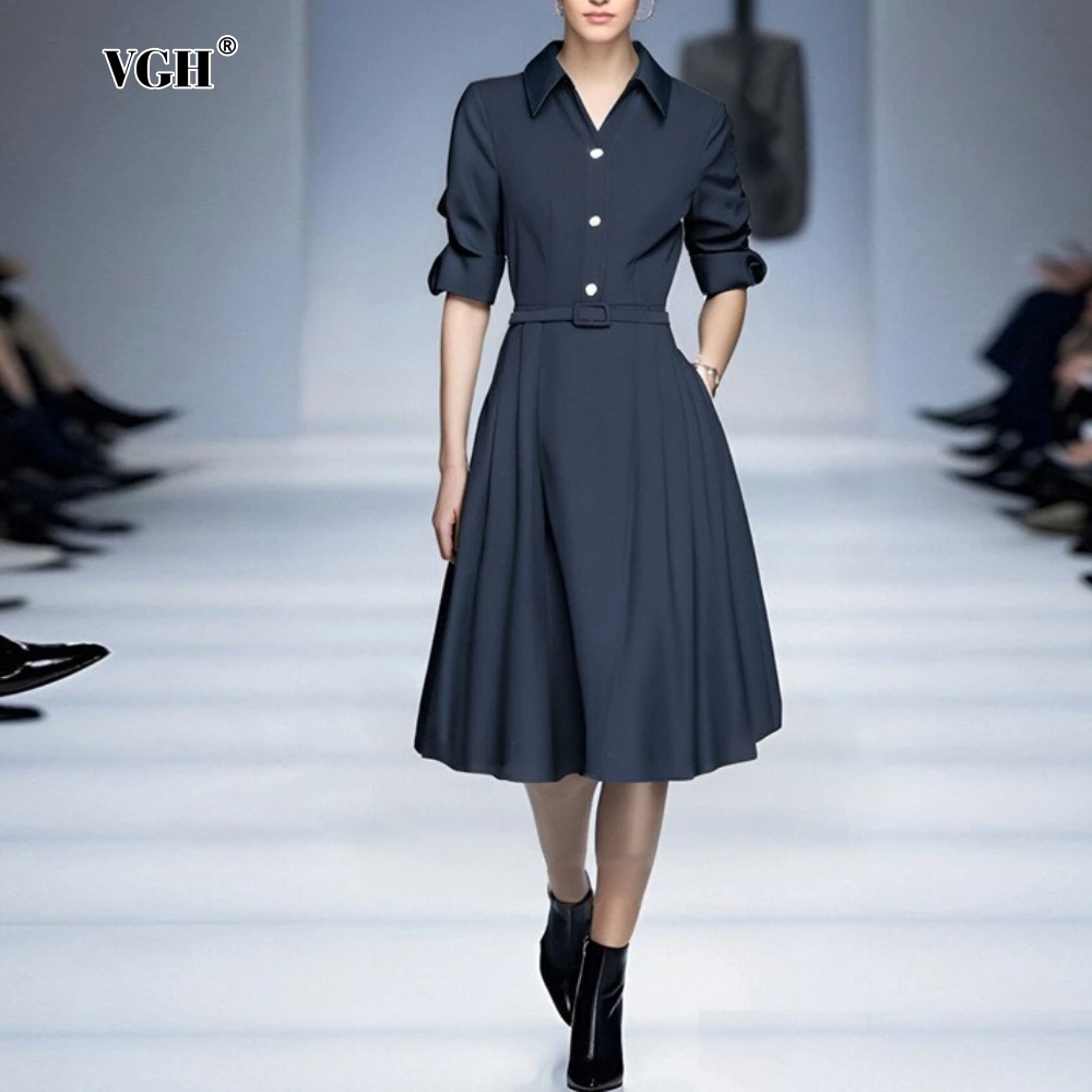 

VGH Elegant Patchwork Sashes Dress for Women Lapel Half Sleeve Spliced 3D Petal High Waist Temperament Midi Dress Female Clothes