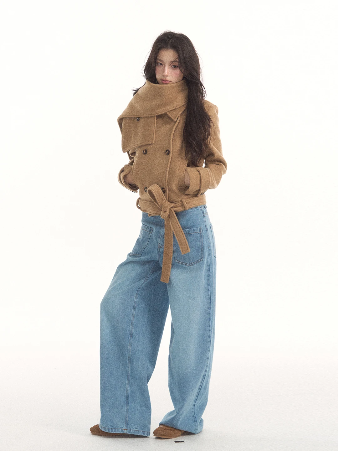 7Shiftin High Waist Wide Leg Jeans Maxi Pockets Soft Wash Bright Stitch Loose Fit Ladies Denim Pants Floor Length Autumn Style