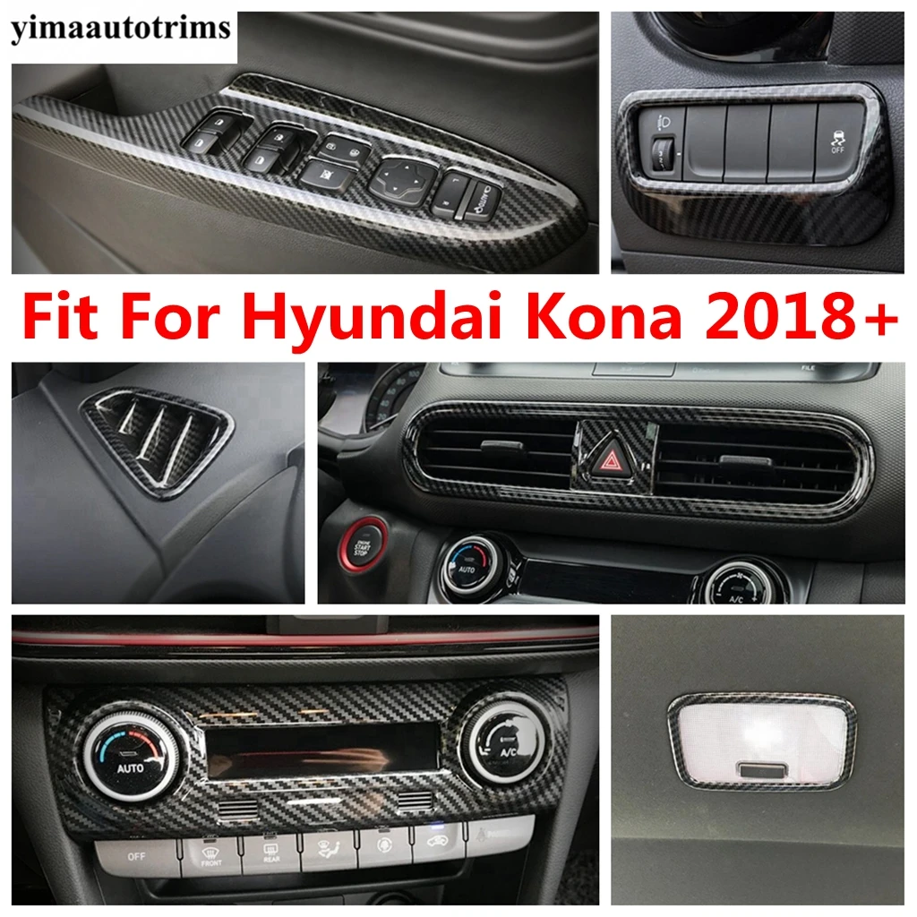 Carbon Fiber Interior For Hyundai Kona 2018 - 2023 Head Lamp Warning Light Window Lift Steering Wheel Air AC Vent Cover Trim Kit