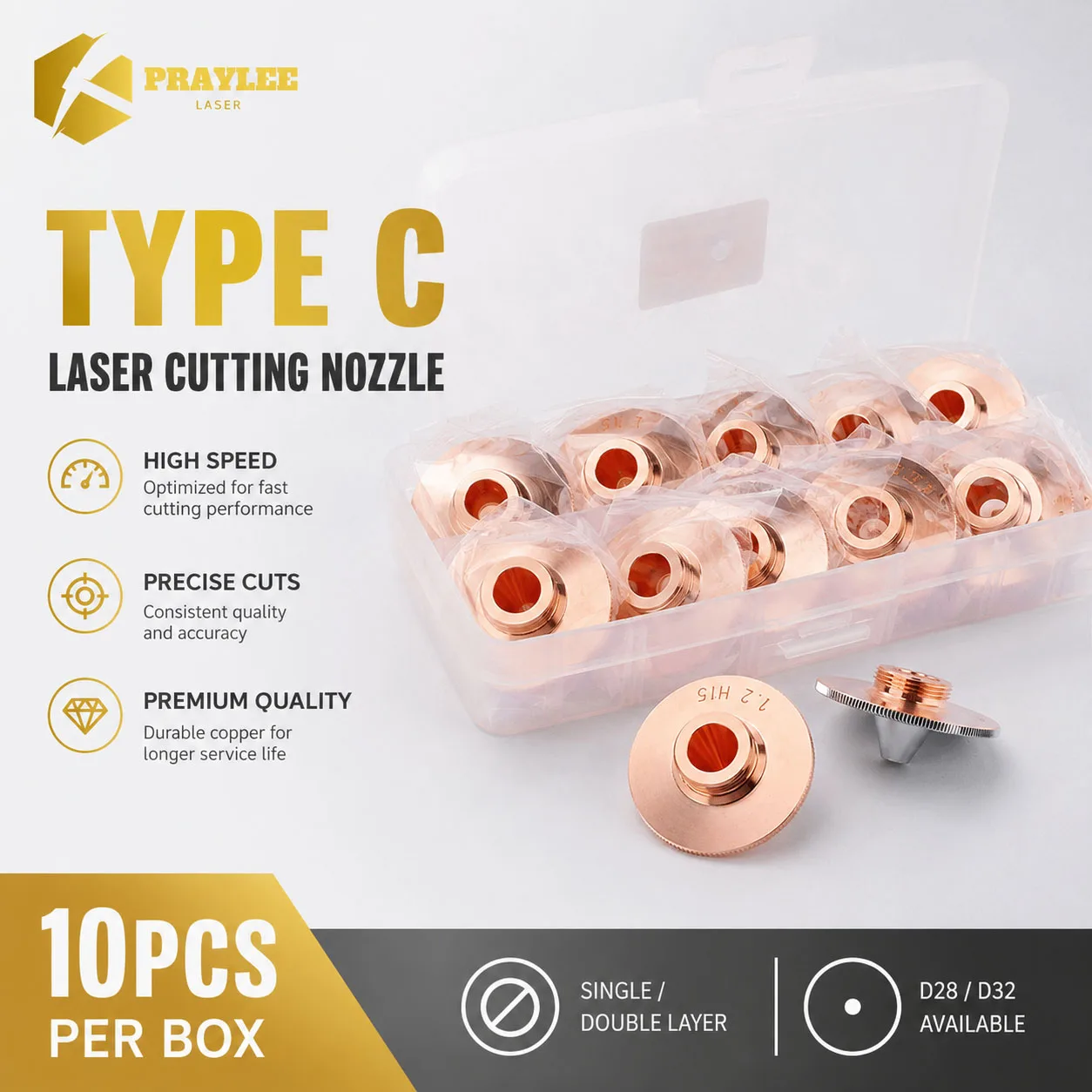 10PCS TYPE C Laser Cutting Nozzle D28/D32 Single Double Chrome Laser Nozzle For Raytools WSX Bodor Fiber Laser Cutting Head