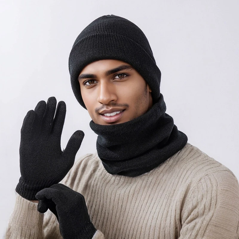 Chapéu de inverno masculino e cachecol luvas conjunto macio quente homem gorro de malha bonnets velo pescoço mais quente cachecol touchscreen luvas conjunto