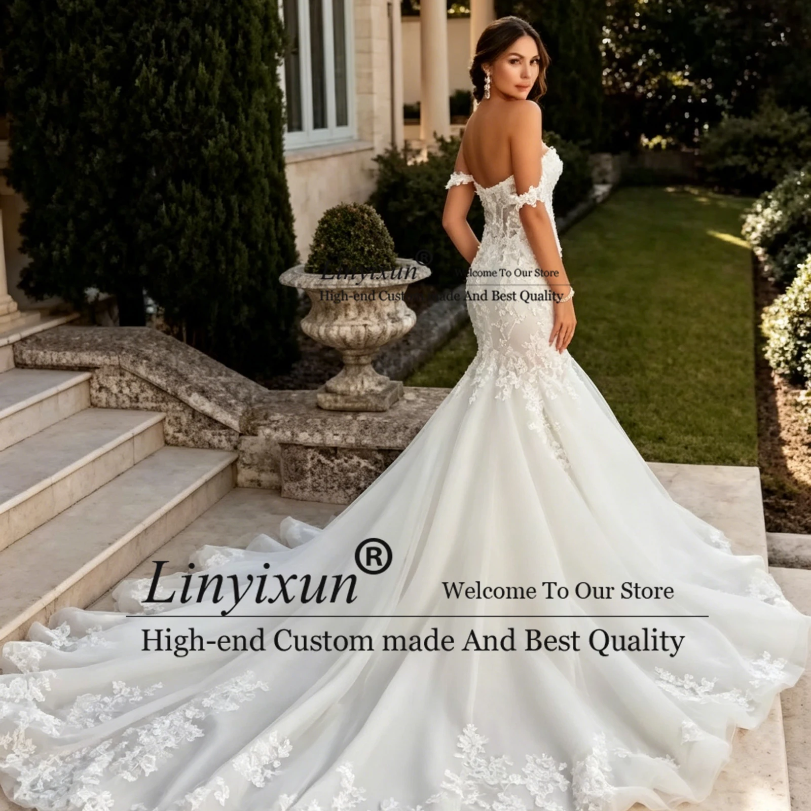 Romantische schulterfreie Meerjungfrau-Brautkleider mit 3D-Blumenspitze, lange Brautkleider mit Hofschleppe, maßgeschneiderte Hochzeitskleider für Damen