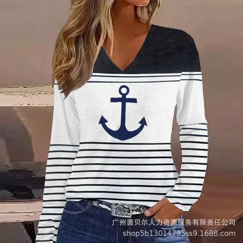 

Women T Shirt Tee Fashion Casual Summer Spring NEW Anchor Print Striped Colorblock V-Neck Long Sleeve Top