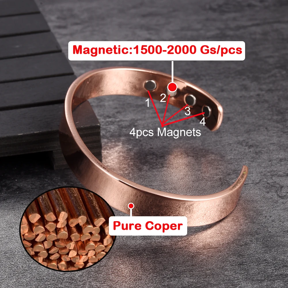 Vinterly Pure Copper Bracelets Magnetic Therapy Arthritis Shiny Adjustable High Magnets Open Cuff 10mm Bangles Resizable Jewelry