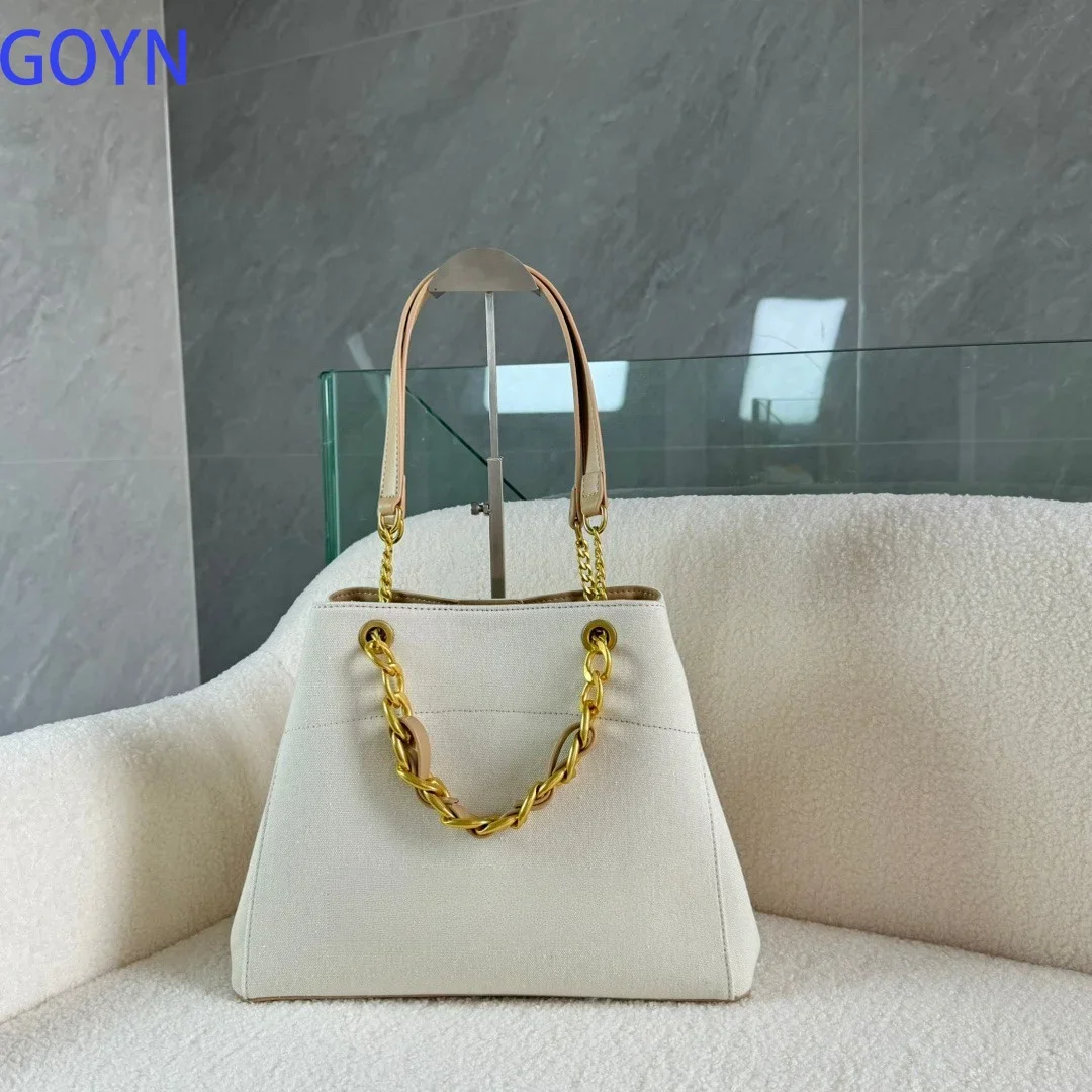 

Casual White Canvas Shoulder Tote Bag with Gold Chain Detail & Large Capacity
