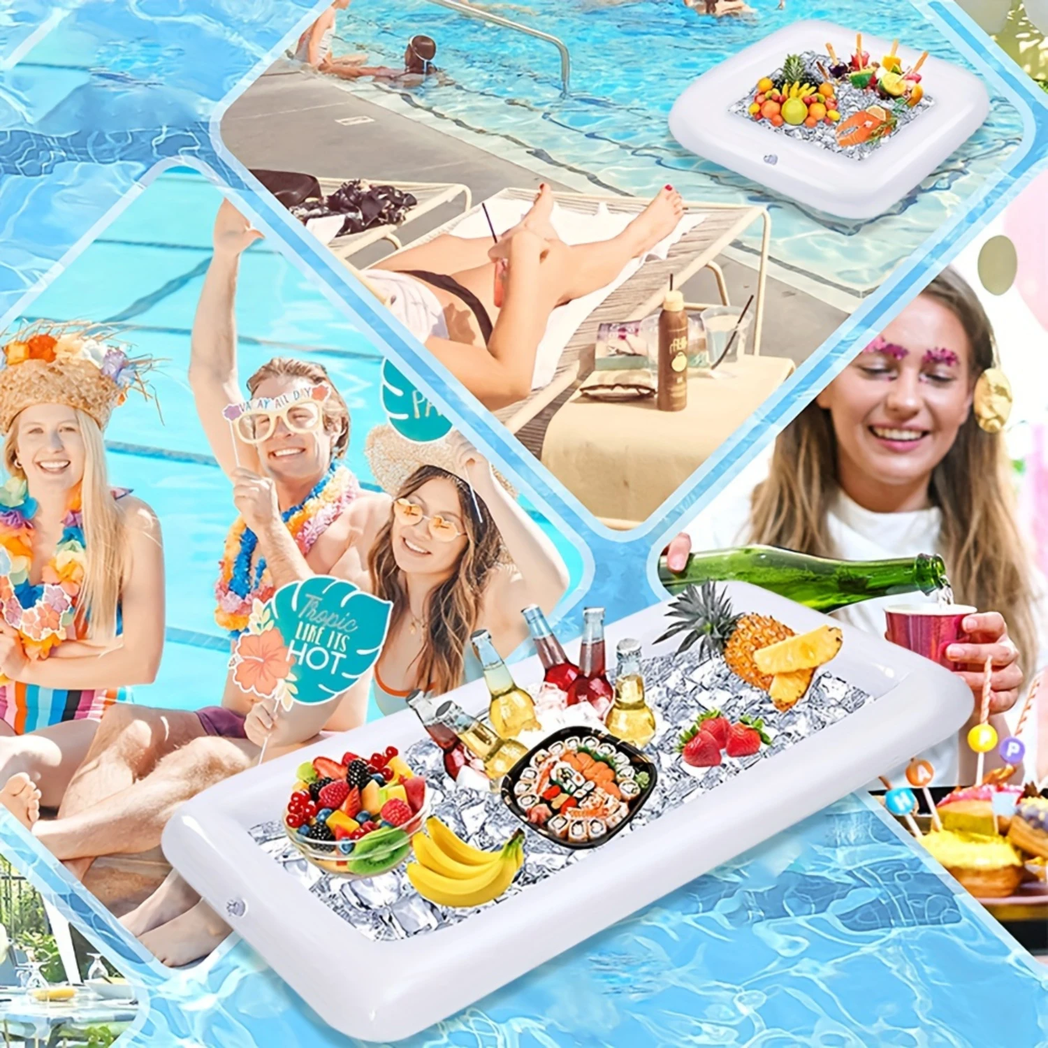 Bandeja inflable para bebidas de hielo con tapón de drenaje, enfriador rectangular grande para fiestas en la piscina, picnics y barbacas
