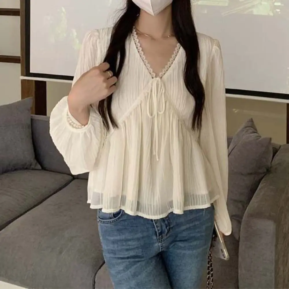 

Elegant Ruffle Women's Lace Blouse V-neck Lace Up Chiffon Long Sleeve Shirts Loose Korean Style Office Lady Shirt Tops Autumn