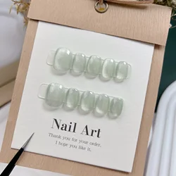 10Pcs Short Handmade Light Green Press On Nails Cat Eyes Pure Ballerina Decoration Wearable False Nails Full Cover Nail Tips Art