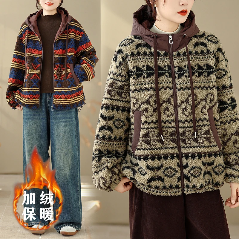 

Утепленная теплая куртка с капюшоном из овечьей шерсти и пэчворком, женская зимняя одежда, свободное хлопковое пальто с завязками, модное и стильное
