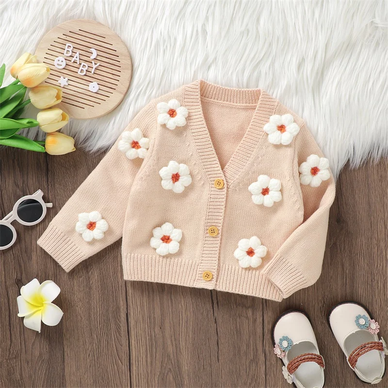 Baby Girl Cardigan Long Sleeve V Neck Button Closure Flower Winter Warm Knit Sweater Infant Clothes