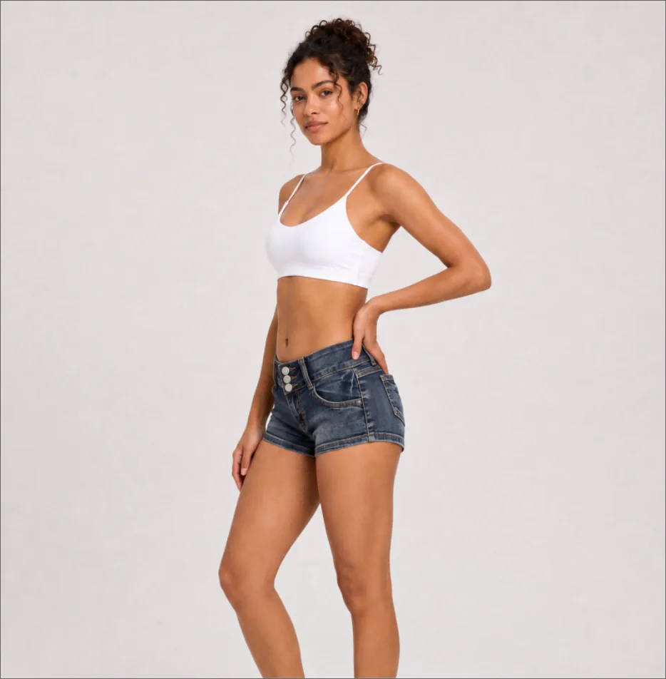 Women 3 Button Fly Retro Washed Denim Shorts Low Waist Slim Fit Ultra Short Hot Pants Wrapped Hip Retro Sexy Cute Mini Shorts