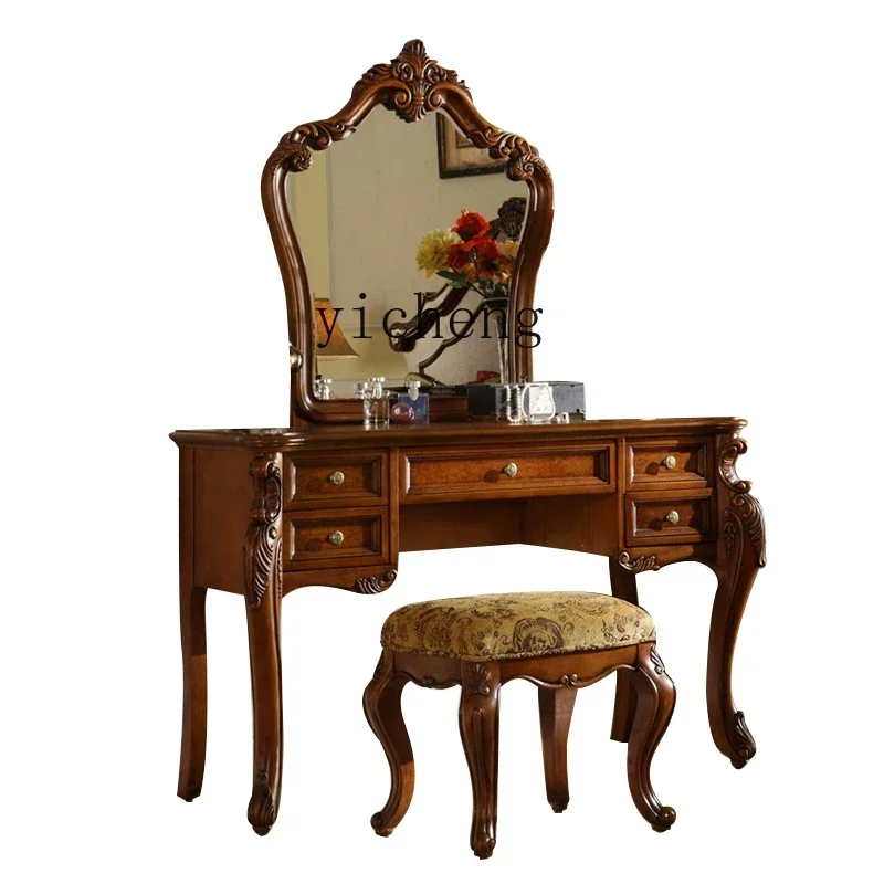 

TQH European solid wood dresser bedroom luxury dressing table American country carved retro dressing table