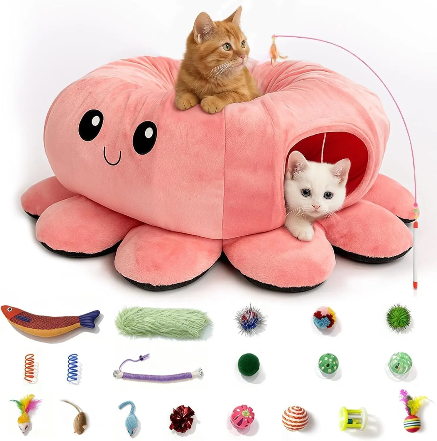 

Кровать для кошек с 20 игрушками, складной игровой тоннель для домашних кошек, игрушки для котят, в форме осьминога