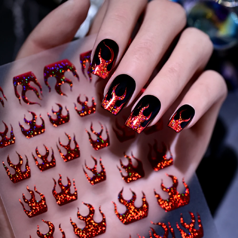 1 Blatt 3D Glänzende Glitzer-Lila-Flammen Nagelaufkleber Holographische Flammen Französische Nagelsticker Selbstklebende Halloween-Nageldekoration – Detail 1