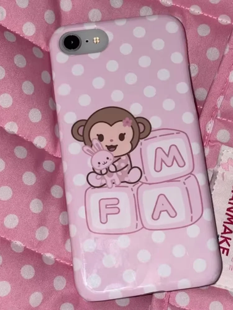 Korean Cartoon Sweet Pink Cute Little Monkey White Polka Dots Phone Case For iPhone 17 AIR 16 E 15 14 13 PRO MAX PLUS Cover - view 4