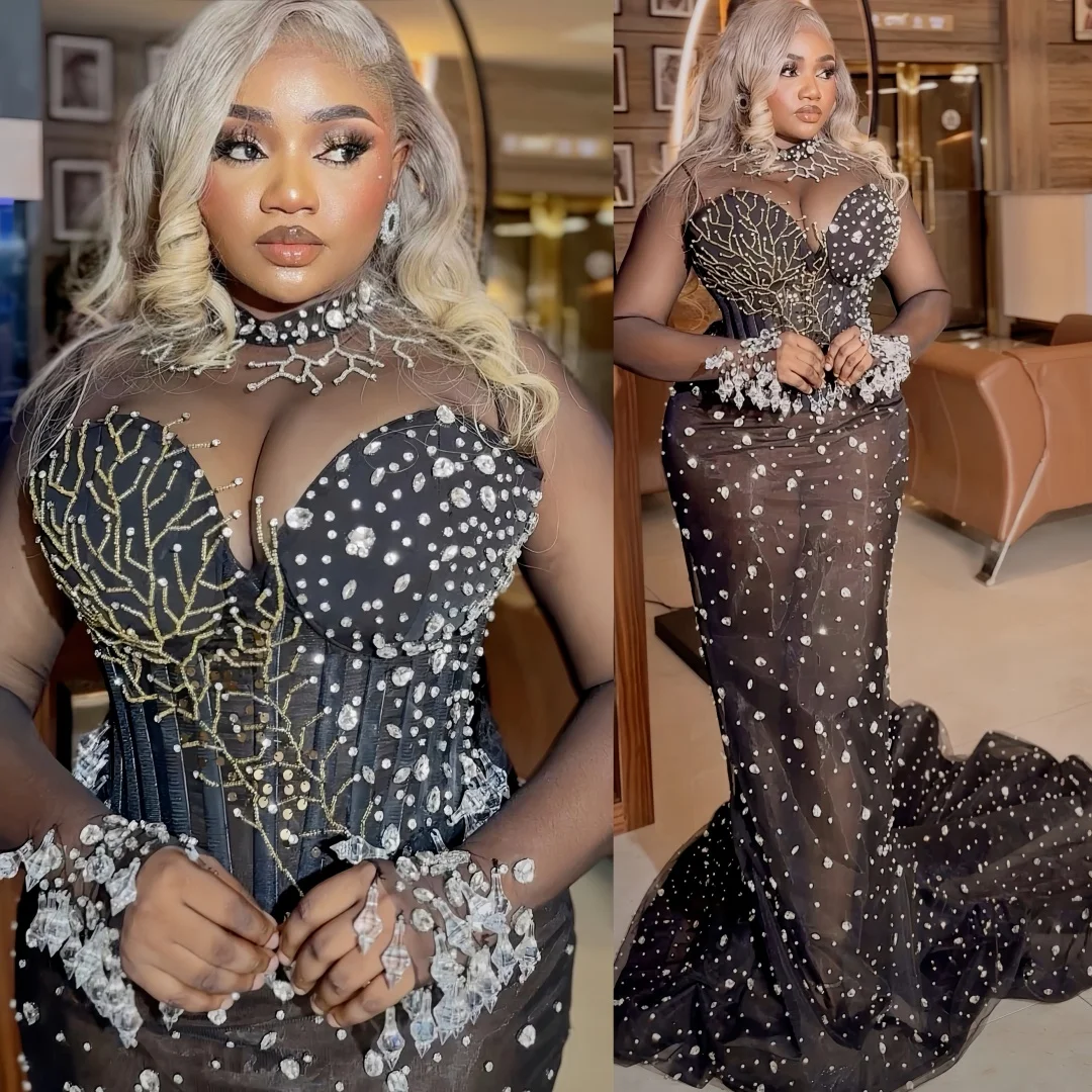 

Black Mermaid 2026 Prom Dresses Illusion Crystals Full Sleeves Evening Formal Party Birthday Gowns Dresses ZJ2670