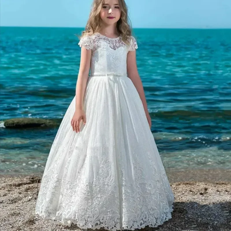 Vestido de encaje blanco para niña de flores, calcomanía con lazo, manga corta, Princesa, vestido de graduación para boda, fiesta de cumpleaños, vestido de noche