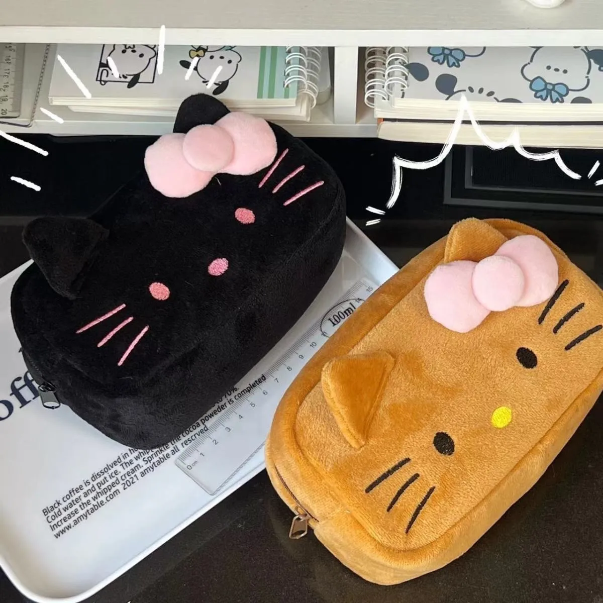 HelloKitty Sanrio Storage Bag Plush Pen Bag Anime Figure Girl Pencil Case Cartoon Large Capacity Student Stationery Storage Bag