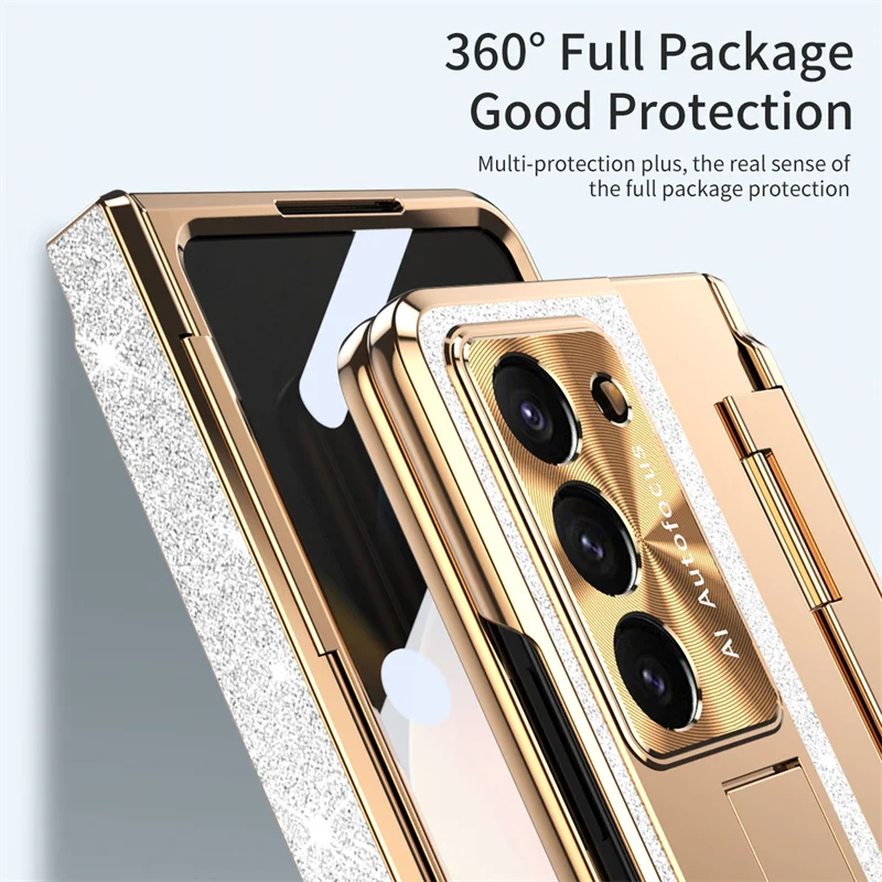 For Samsung Galaxy Z Fold 6 5 Z Fold 4 Z Fold 6 5G Case With Screen Protector Luxury Frosting One-Piece Plating Stand Cover gold