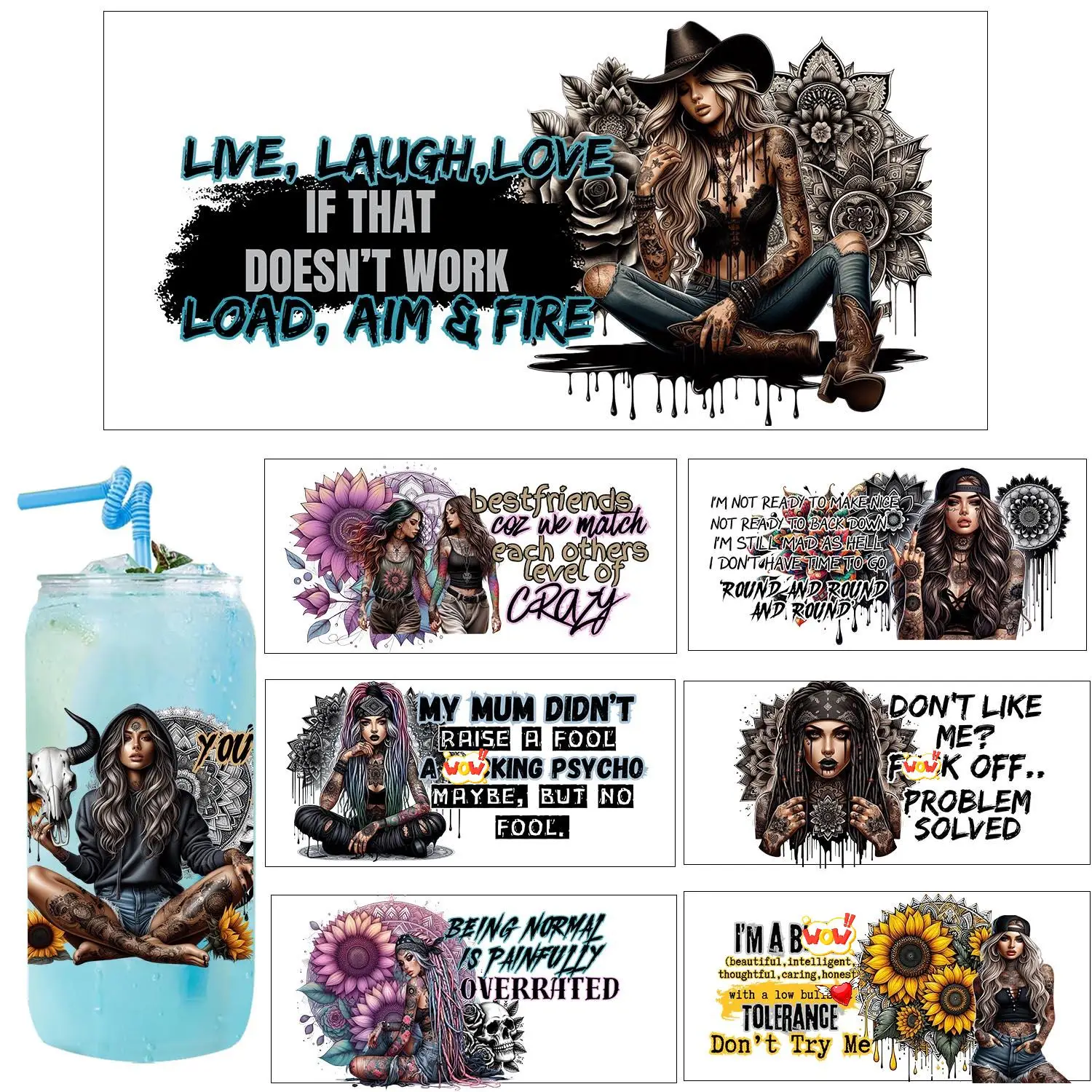 Cool Tattoo Girls Inspiring Quotes Theme Artwork UV DTF Sticker DIY Decals 3D transfers uvdtf stickers 16oz uv dtf cup wraps