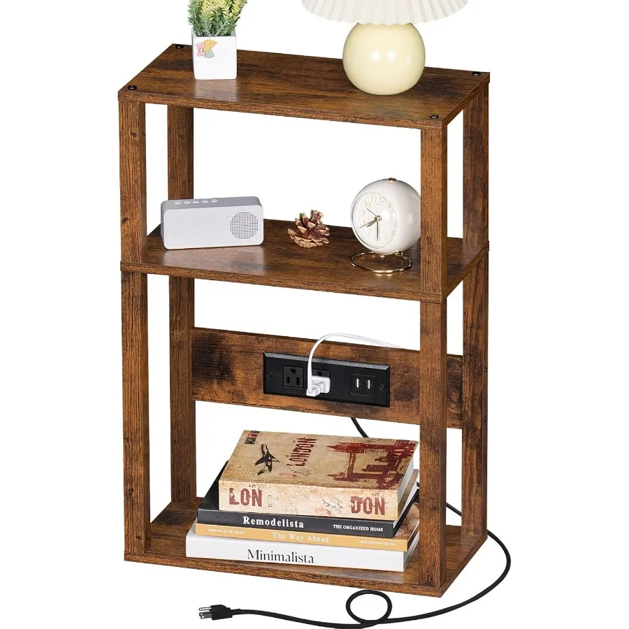 

3Tier Small Narrow Wood Side Table with Charging Station Skinny Nightstand for Small Space Slim Bedside Table with Storage for