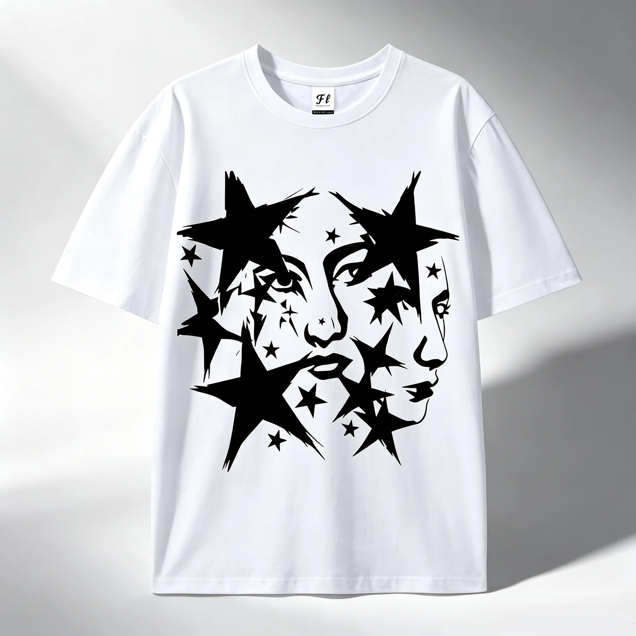 Star Face Graphic Women T‑Shirt Vintage Black Star Abstract Face Print Short Sleeve Loose Casual Streetwear Tops