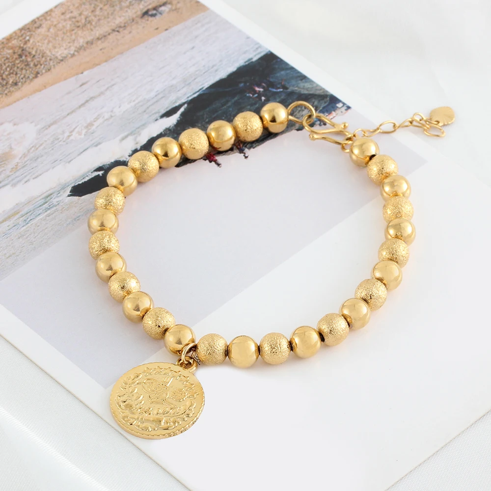 Glossy and Matt Gold Color Beaded Bracelet Jewelry Life Flower Money Coin Fashion Women Luxury Charm Bracelets Wholesale Bulk