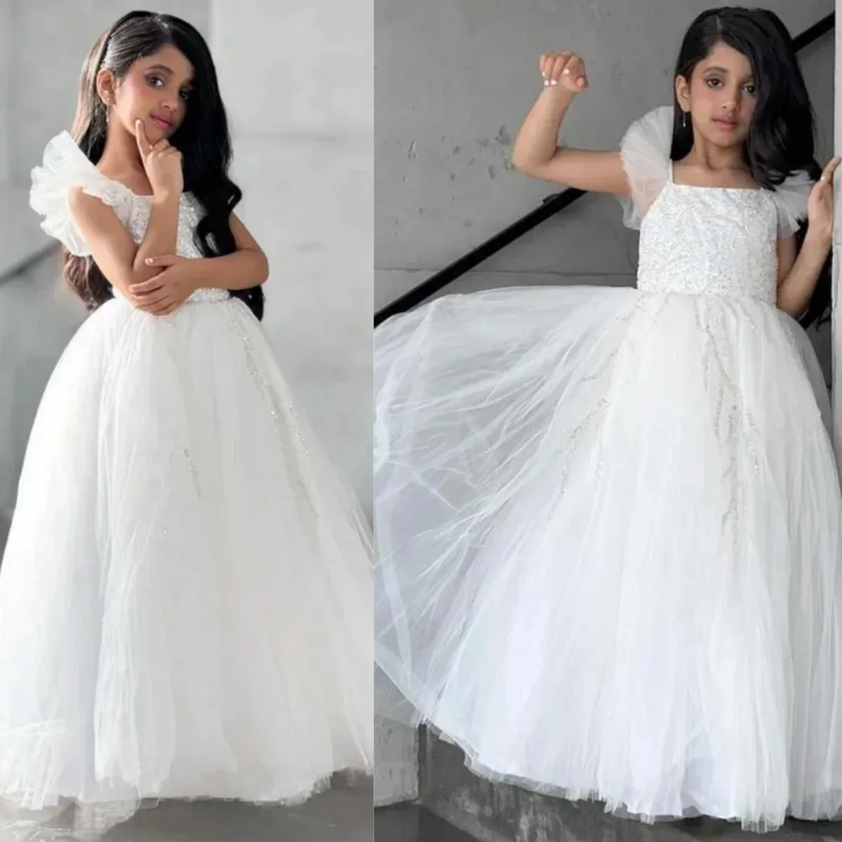 

White Flower Girl Dresses for Wedding Sequins Sleeveless Baby Girl Birthday Party Gowns First Communion Ball Gowns Customized