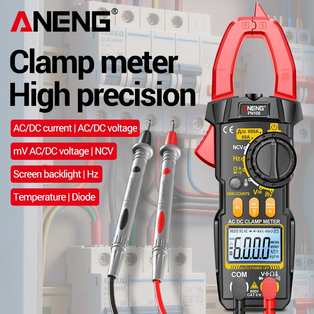 

Мультиметр-клещи ANENG PN108, 6000 измерений, тестер напряжения AC/DC, измерение тока 600А, сопротивления, емкости, высокоточный измерительный прибор