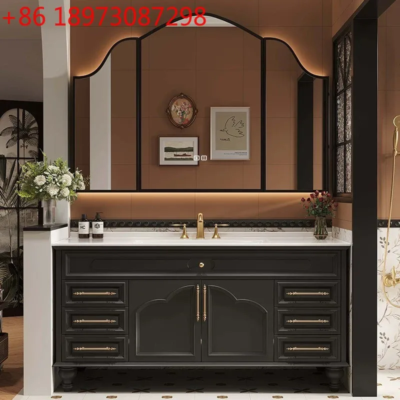 

French vintage oak bathroom cabinet combination floor-standing slate hot bending integrated basin