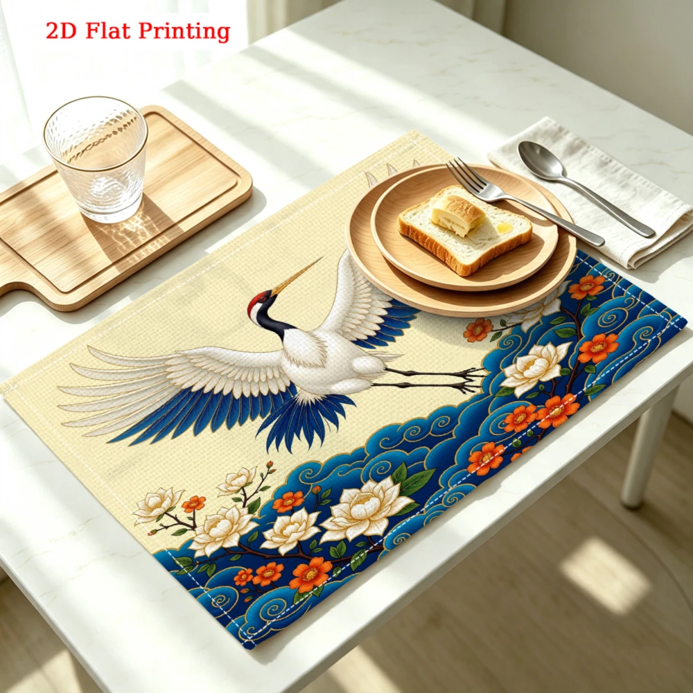 Crane Flying Over Flowers Kitchen Placemat Coaster Linen Pad Dish Coffee Cup Table Mat 30x40cm Home Decor