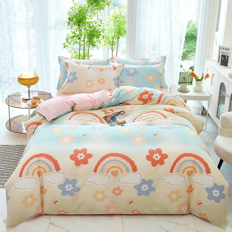 Cartoon Rainbow Floral Duvet Cover Set Cotton for Girls Cute Kawaii Bedding 3Pcs Soft Breathable Comforter Covers Bedroom Decor