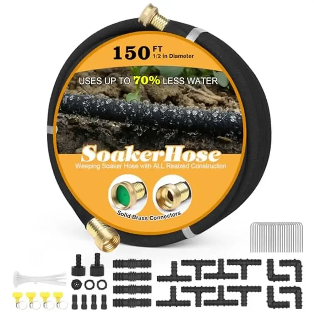 

150ft Solid Brass Soaker Hose Irrigation Garden Beds Save Water Heavy Duty Rubber 1/2" Diameter Quality Eco-Friendly Material