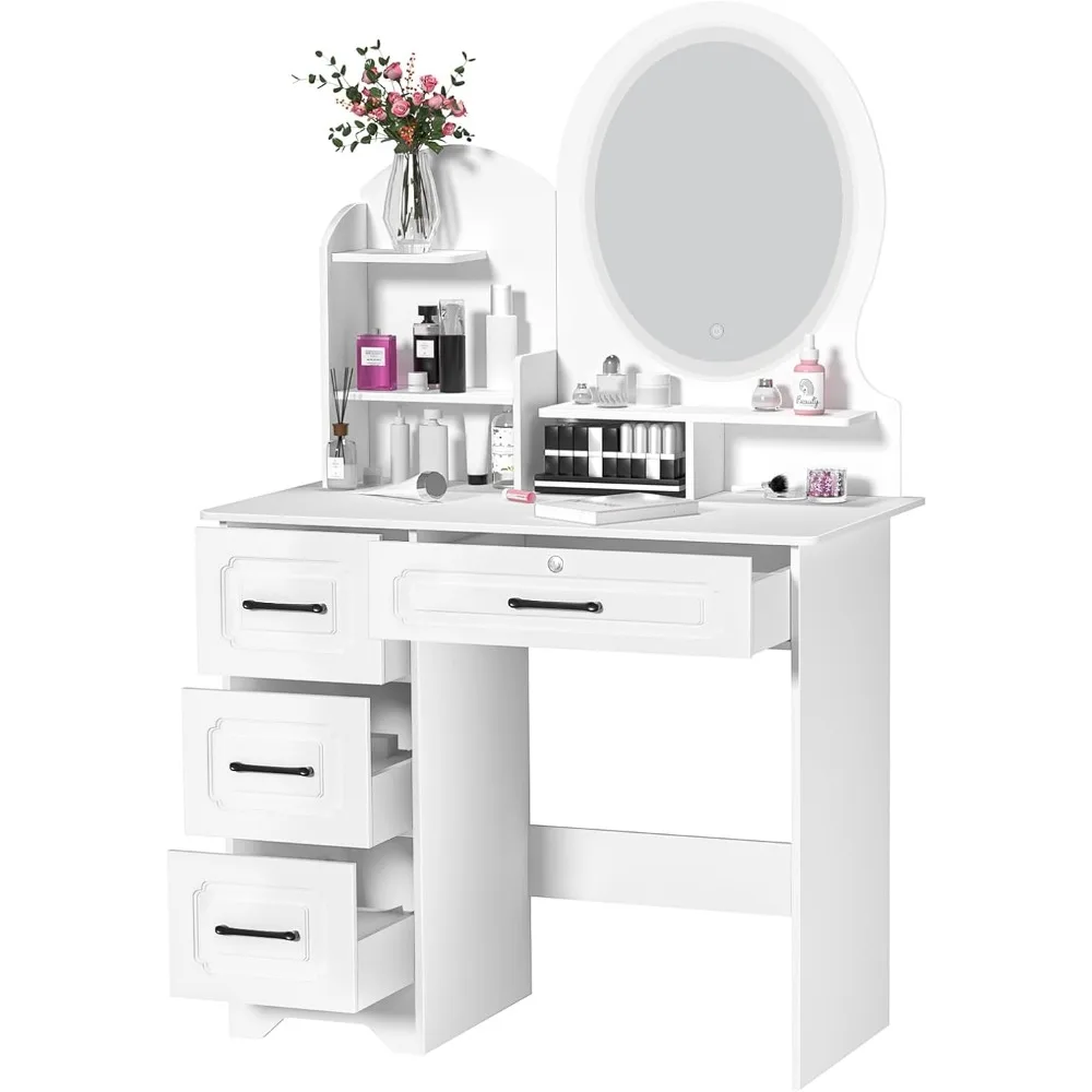 

Vanity Desk with Lights,Makeup Vanity,Dressing Table Set with 4 Large Drawers,Vanity Mirror 3 Lighting Color Adjustable,White Wh