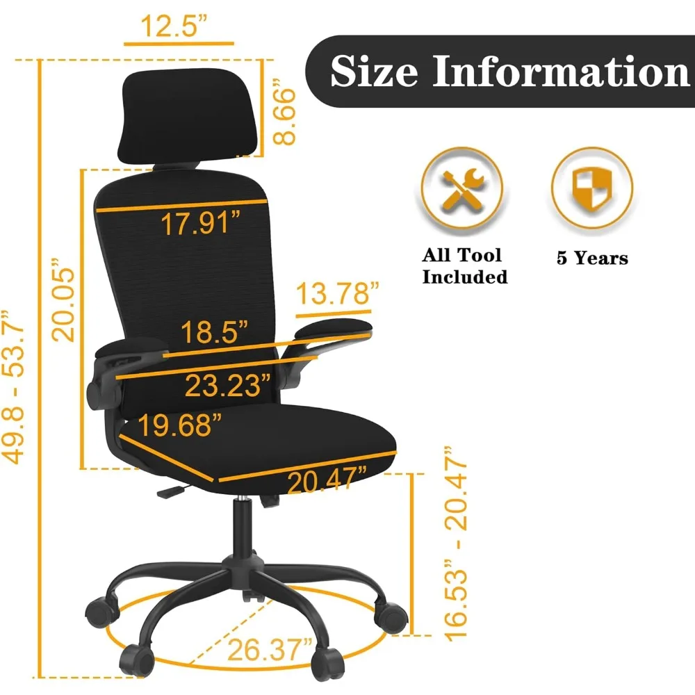 Ergonomic Desk Chair for Extended Sitting with Lumbar Support and Adjustable Headrest for Back Pain Relief - High-Density Foam f